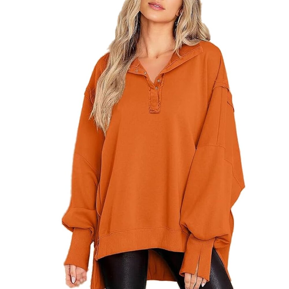BWQ Pullover High Low Hem Henley Sweatshirt